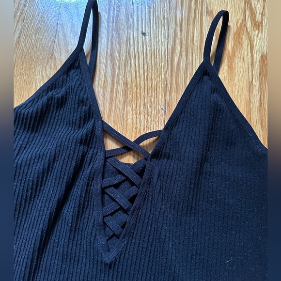 FOREVER21 black ribbed bodysuit crisscross front with shorts US M - Picture 2 of 3